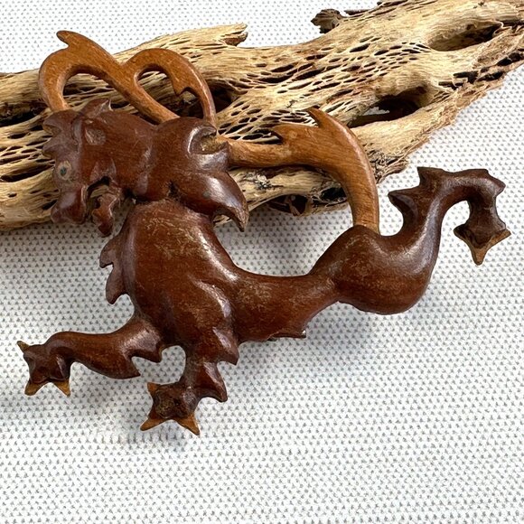 Vintage Wooden Dragon Pin - Picture 1 of 7